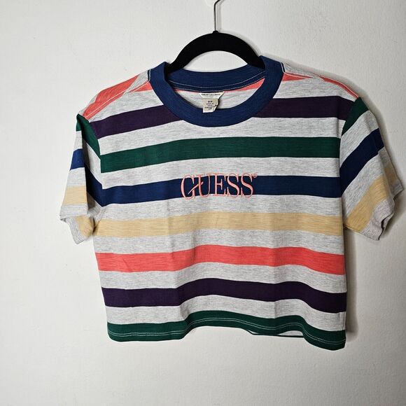 Guess Originals 1981 Gray Multi-Color Stripe Short Sleeve Crop Guess Logo SP - Picture 3 of 9